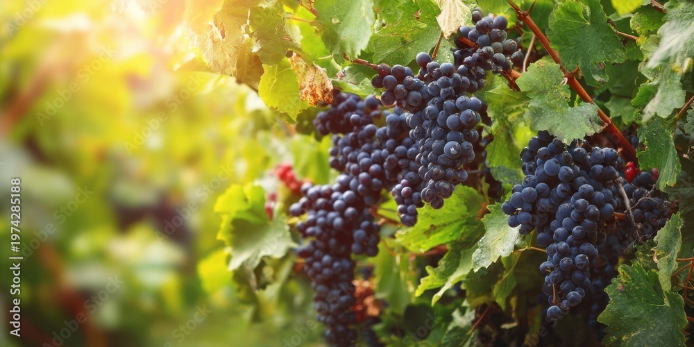 Fototapeta premium The Grapes Clustered and Sunlit Hanging on Lush Green Vineyard Vines During Harvest
