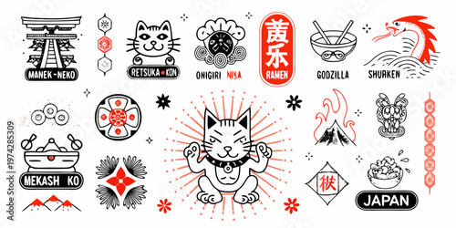Japanese themed doodle set featuring icons and a beckoning cat silhouette