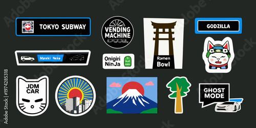 Japanese themed stickers featuring cityscapes and cultural icons silhouette