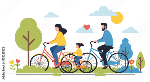 Man woman and child cycling in nature. green trees flowers and blue sky background. active lifestyle and outdoor recreation scene. flat vector illustration of healthy leisure time together.