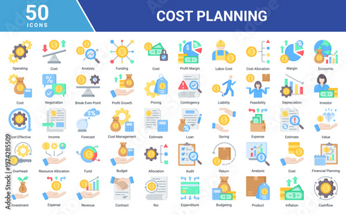 Cost Planning icon set with 50 business and finance icons including budgeting,expense,investment,revenue,forecasting,and cashflow.Suitable for web,app,UI,presentation,and infographic design.