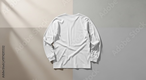 White long-sleeve t-shirt laid flat on a neutral backdrop, showcasing its simple and versatile design, perfect for everyday wear and layering