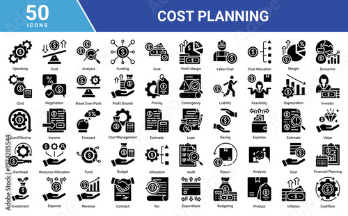 Cost Planning icon set with 50 business and finance icons including budgeting,expense,investment,revenue,forecasting,and cashflow.Suitable for web,app,UI,presentation,and infographic design.