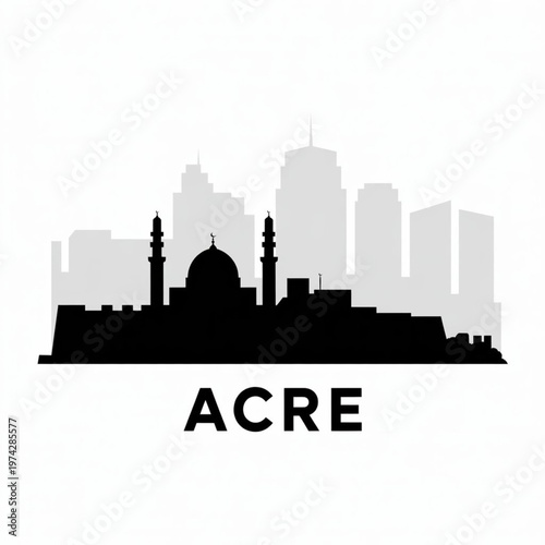 Acre Israel Skyline Silhouette Vector – Al-Jazzar Mosque Dome & Old City Walls Coastal Cityscape