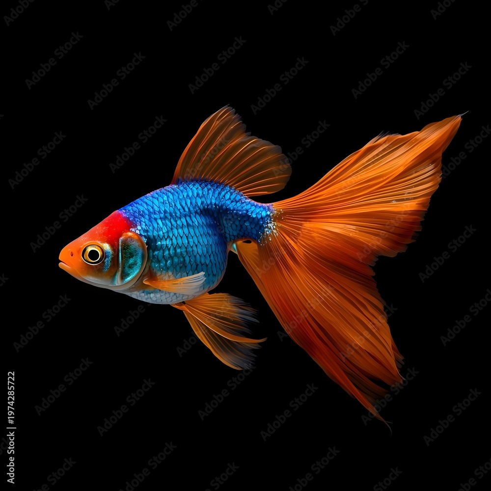 Fototapeta premium Colorful Betta Fish with Orange Flowing Tail on Black Background