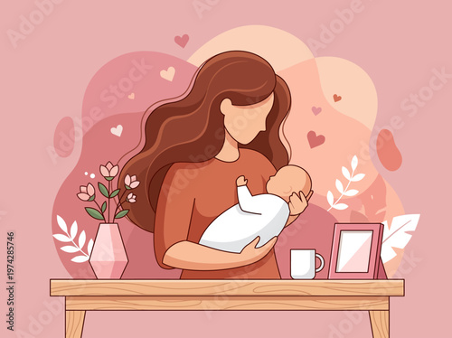 Mother Holding Newborn Baby Flat Vector Illustration - Maternal Love and Parenting Concept
