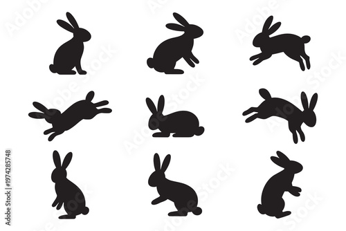 Nine black rabbit silhouettes in various poses