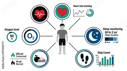 A diagram of a person's health and fitness metrics