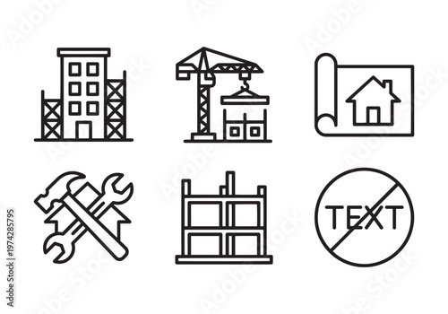 Construction Icons Set: Building Undergoing Renovation, Tower Crane Lifting Materials, Architectural Blueprint of House, Tools for Repair, Building Framework, and No Text