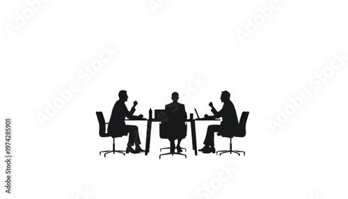 Three silhouetted figures in an office setting engaged in a meeting around a table.