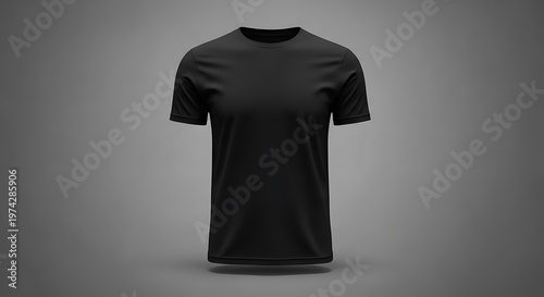 Blank black t-shirt mockup template on grey background. Ideal for custom apparel design, branding, and textile print showcases, perfect for fashion projects