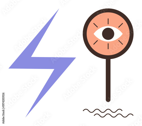 Vision, observation, energy, creativity, awareness, inspection. An abstract eye within a circle alongside a lightning bolt above wavy lines. Vision and observation with creativity and energy-focused