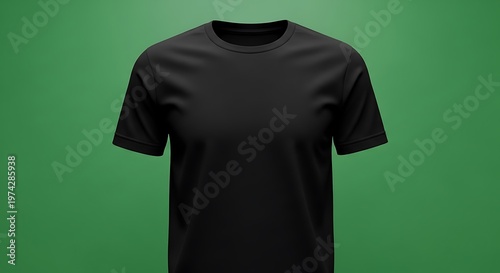 Black t-shirt mockup for custom apparel design. Blank garment on a vibrant green studio background, ideal for branding, product presentation, and fashion advertising content