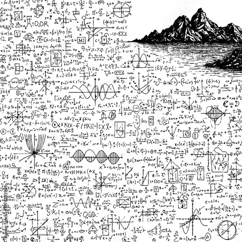 Hand drawn mathematical formulas and equations on a landscape background with mathematics formulas equations education diagrams abstract background landscape mountains research learning