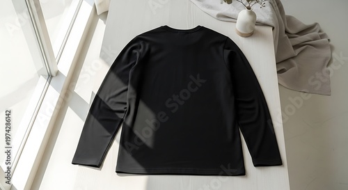 A black long-sleeved t-shirt presented on a surface next to a vase