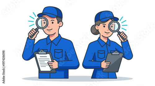 Professional Inspectors with Magnifying Glasses and Clipboards Vector Illustration. Male and Female Quality Control Officers in Uniform
