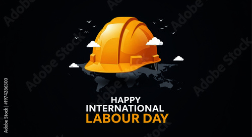 International Labour Day Celebration with Yellow Hard Hat and World Map