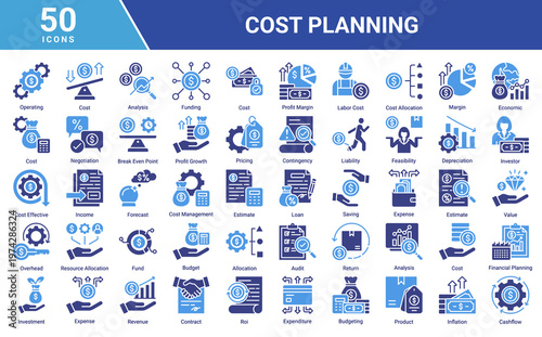 Cost Planning icon set with 50 business and finance icons including budgeting,expense,investment,revenue,forecasting,and cashflow.Suitable for web,app,UI,presentation,and infographic design.