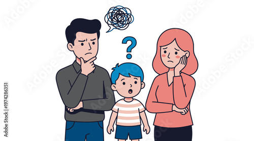 Confused Family with Concerned Parents and Child Seeking Answers, Illustration of Family Problems, Parenting Stress and Mental Health Concept Vector