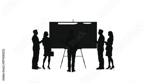 Silhouettes of executives in a business meeting presenting information on a large board.