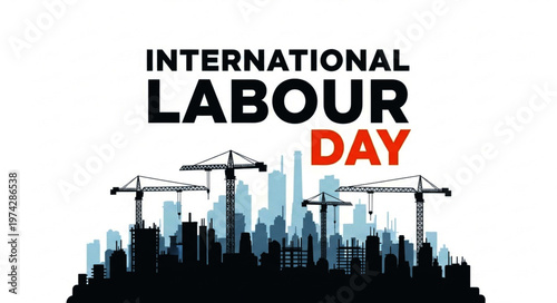 International Labour Day Graphic with City Skyline and Cranes