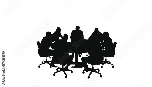 Silhouettes of business people in a circular meeting around a large conference table.