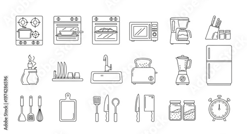 Collection of Kitchen Appliances and Utensils Line Art.