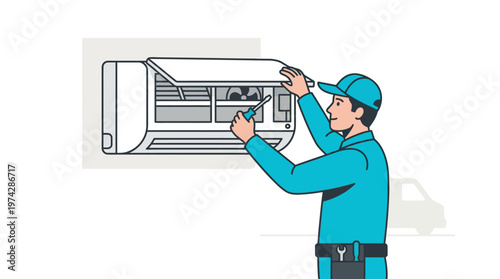 Air Conditioning Repair Service Illustration - Professional HVAC Technician Fixing Wall AC Unit with Screwdriver