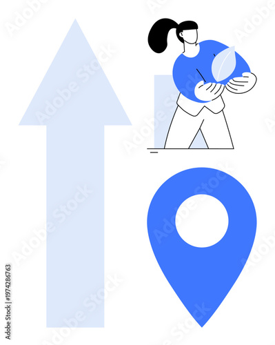 Environmental protection, growth, navigation, sustainability, eco-friendly development, renewable resources. A person holding a leaf, a blue arrow and a map pin. Environmental protection and growth