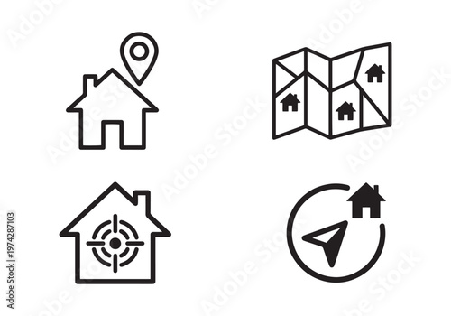 Set of four minimalist black and white line art icons representing real estate and location services, including a house with a map