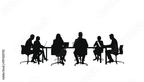 Silhouetted employees work on laptops at a long table, participating in a focused business meeting.