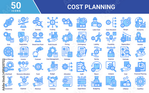 Cost Planning icon set with 50 business and finance icons including budgeting,expense,investment,revenue,forecasting,and cashflow.Suitable for web,app,UI,presentation,and infographic design.
