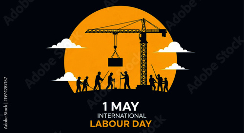 International Labour Day Banner with Construction Worker Silhouettes