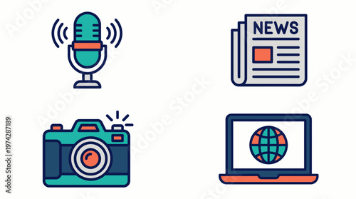 A graphic illustration of various media and journalism icons on a white background