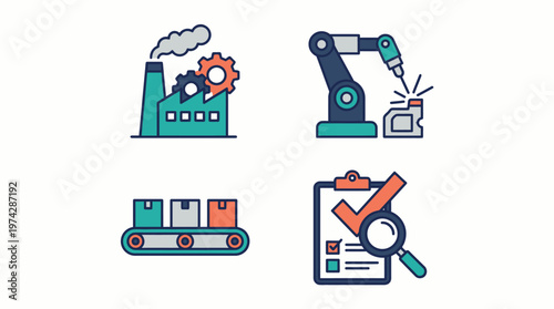 A collection of industrial icons representing manufacturing and quality control processes