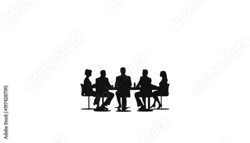 Silhouetted individuals sit around a circular table in a meeting, reviewing documents and engaging in.