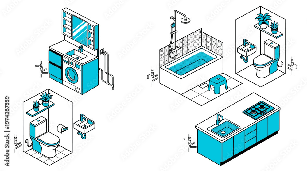 Fototapeta premium Isometric Interior Design Icons of Modern Kitchen and Bathroom Modules with Plumbing Details, Featuring Sink, Toilet, Bathtub, and Washing Machine
