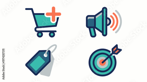 A graphic illustration of business marketing icons on a white background