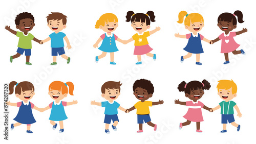 Group of diverse young children holding hands and dancing together in pairs with happy facial expressions on a clean white background.