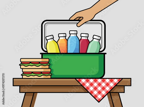 Flat Vector Illustration of a Picnic Cooler with Refreshing Drinks and Sandwiches