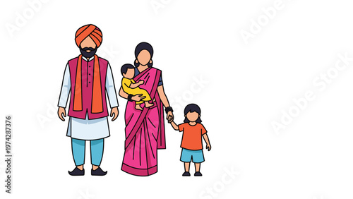 Indian family portrait of four people wearing traditional clothing such as a turban, kurta, and saree against a plain white background.