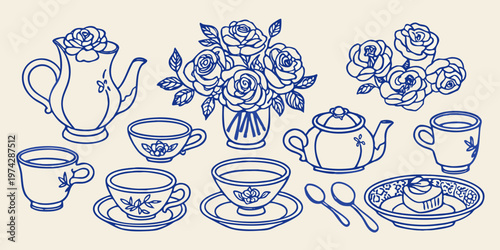 Blue line art of roses teaware and sweets a delicate silhouette