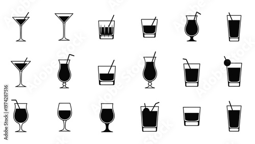 Large grid of minimalist cocktail glass silhouettes filled with different amounts of liquid and featuring various straws or garnishes.