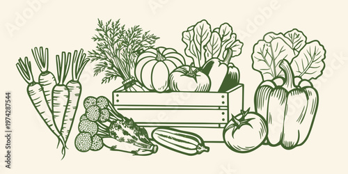 A bountiful harvest of fresh vegetables in a wooden crate silhouette