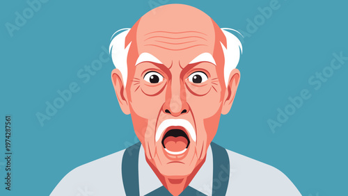 Expressive portrait of an angry bald senior man with a wide open mouth shouting or screaming against a solid blue background.