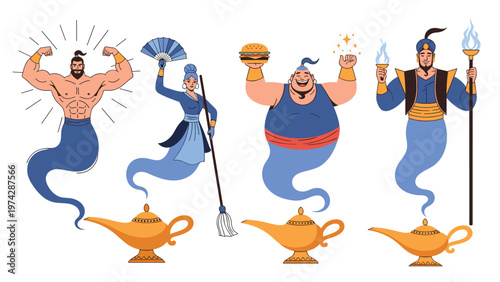 Four different genie characters emerging from magic lamps including a strong man, a cleaning lady, a hungry genie, and a torch bearer.