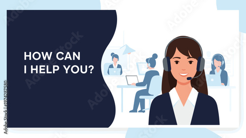 Friendly female call center agent wearing a headset smiles in front of a blue background with a blurred office scene behind her.