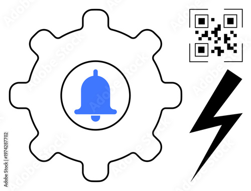 Automation, notifications, technology, QR code usage, system alerts, power management. A gear encasing a bell icon, QR code and lightning bolt. Automation and notifications concept
