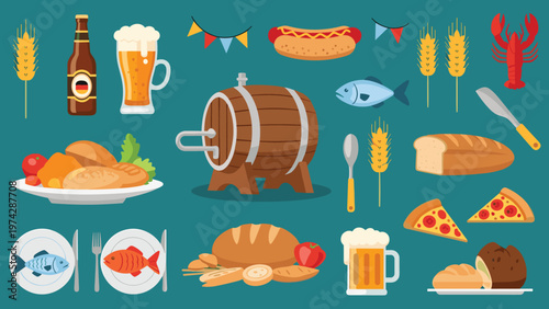 Vibrant flat illustration of food and drink items including beer, bread, sausages, fish, and pizza associated with a harvest festival.