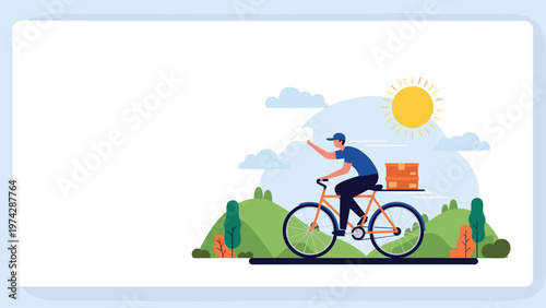 Male delivery worker riding a bicycle through a green hilly landscape under a bright sun to deliver letters and cardboard packages.